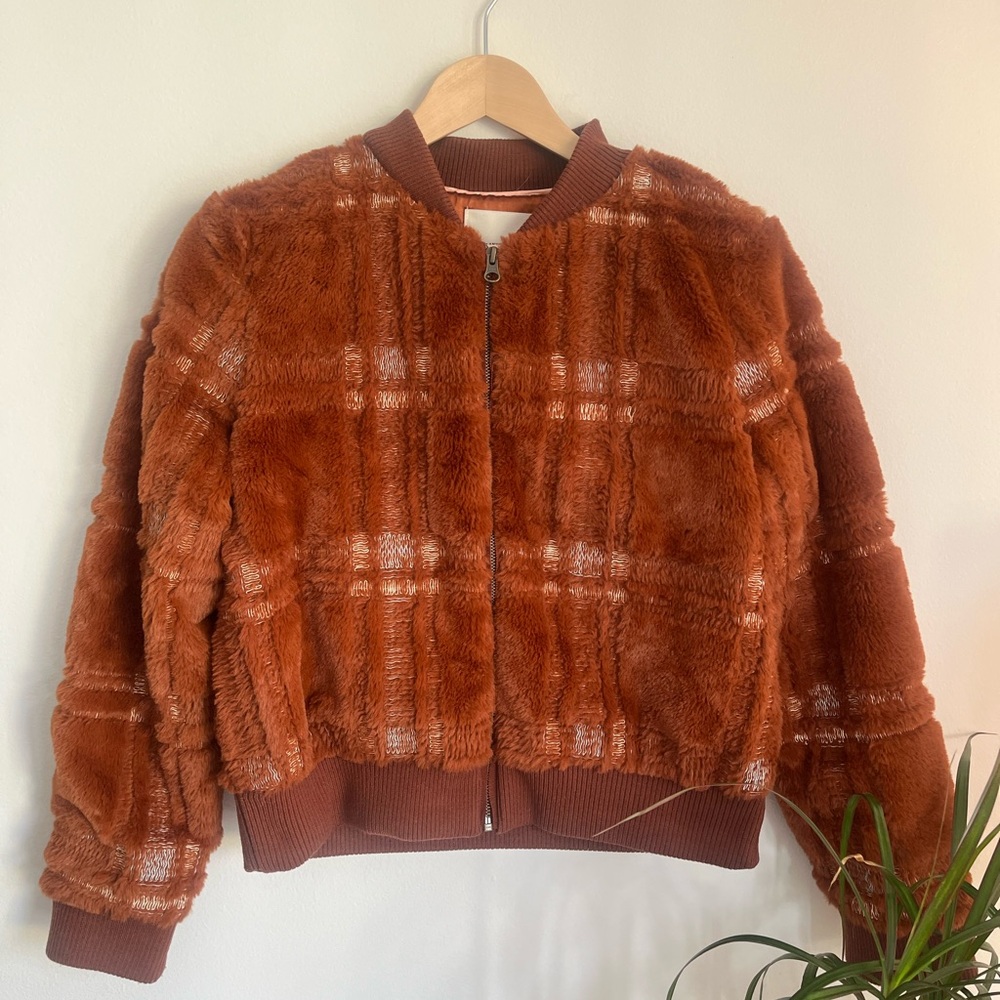 Anthropologie Plaid Teddy Bomber Jacket